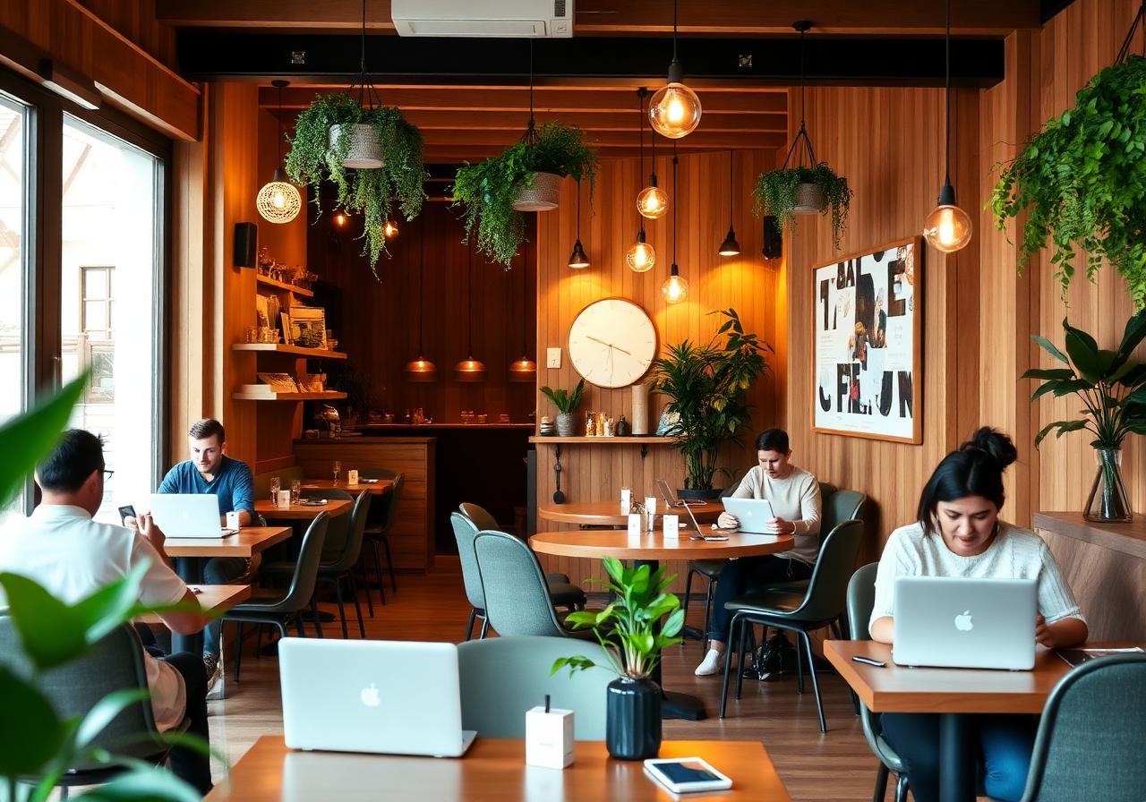 Cozy café interior with people on laptops